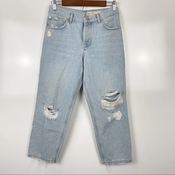 ASOS Denim Distressed Button Fly Straight Leg Crop Mom Jeans Sz 25 - Picture 1 of 11